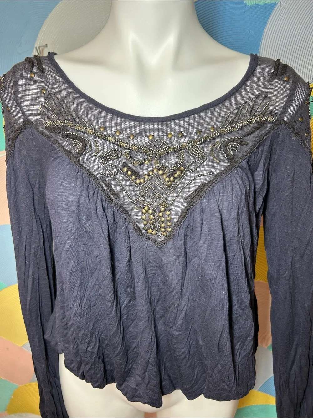 Free People Embellished Mesh Yoke Long-Sleeve Top Navy Blue Women’s sz xs